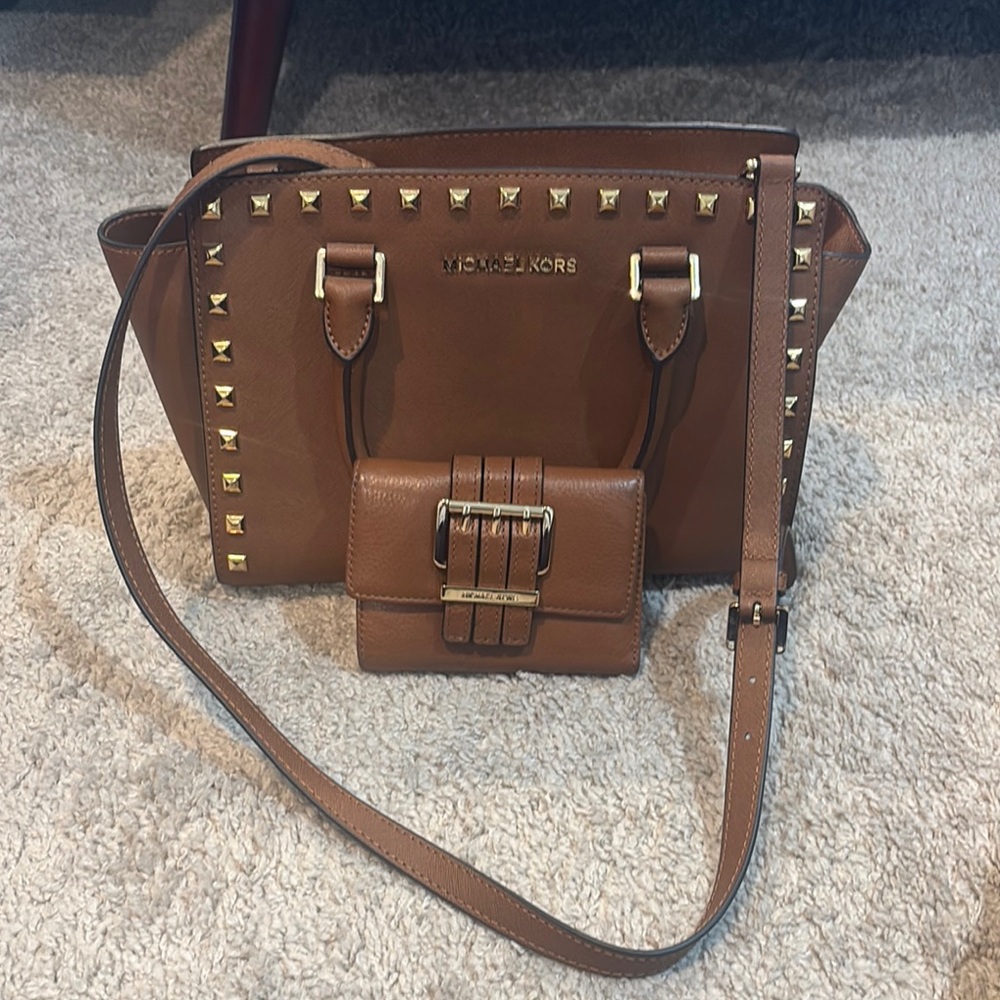 Michael Kors Brown and Gold Satchel with Structured Design